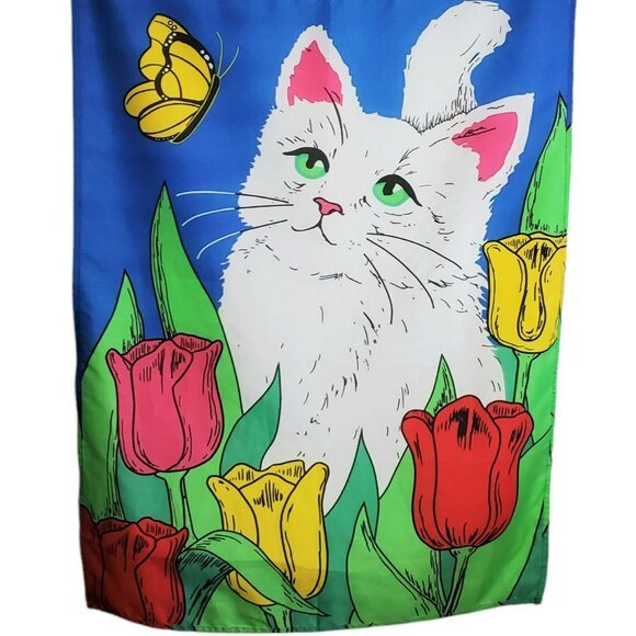 Vintage Kitten Cat Yard Flag Butterfly Spring Tulips Flowers Garden Banner 29x41 - Picture 3 of 9
